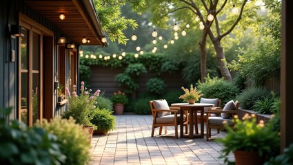 Fototapeta premium A charming outdoor patio area with wooden furniture, lush greenery, and string lights creates a peaceful and inviting ambiance.