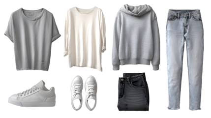 Collection of casual clothing and shoes isolated on transparent background
