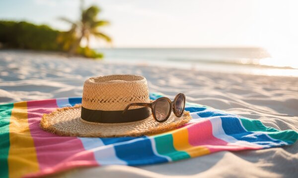 Straw hat and sunglasses on a colorful beach towel.  Sunset view - Powered by Adobe