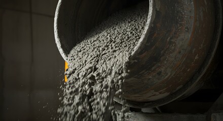 Wet concrete pouring from an industrial mixer. Fresh cement mix being discharged for construction projects.