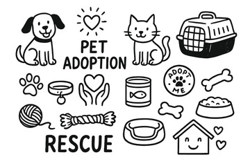 Fototapeta premium Rescue Pets Doodle Set. Pet adoption doodle set: hand drawn icons for rescue animals, care items, and happy pet homes, isolated