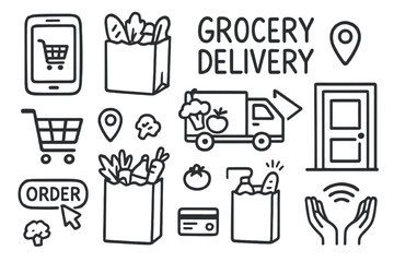 Grocery Delivery Doodles. Grocery delivery doodle set: hand drawn icons for online food orders and contactless drop-offs, isolated