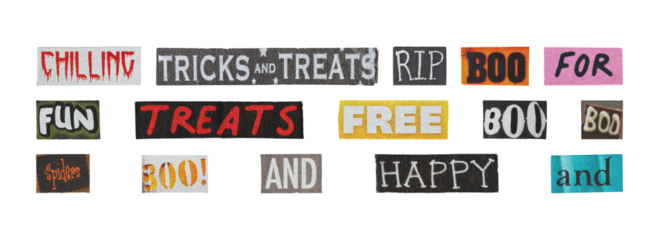 halloween text cutout words collection for social overlays, transparent png
