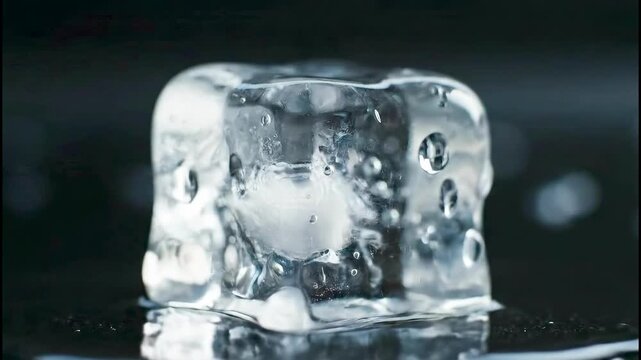 Clear ice cube melting on dark surface with water droplets  