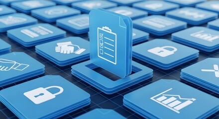 Blue digital icons for business and finance on a grid background technology