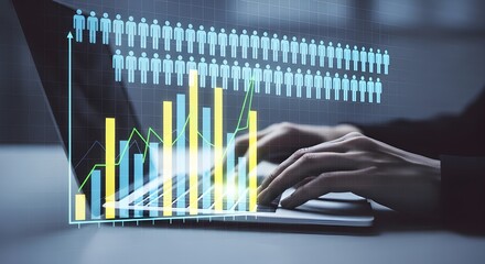 Close-up of hands typing on laptop with financial data and human resource graphics