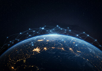 Global network connections illuminate Earth with data transfer and digital communication