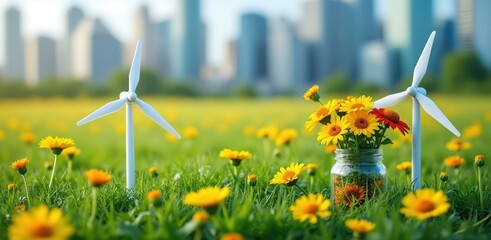 Wind turbines in a field of yellow flowers with city skyline