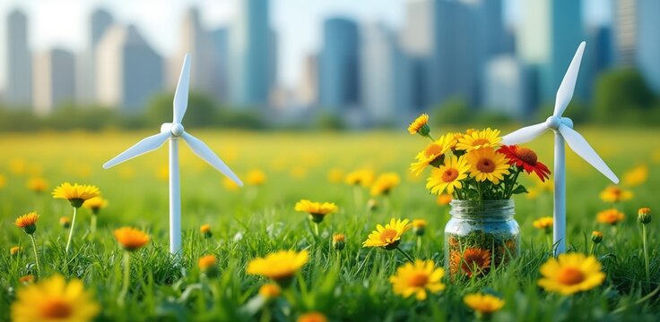 Wind turbines in a field of yellow flowers with city skyline
