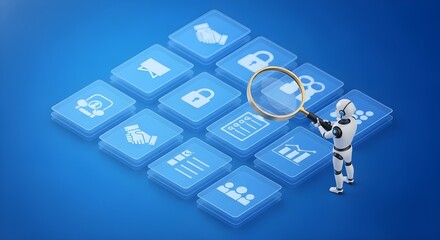 Robot with magnifying glass examining digital business icons on a blue grid interface