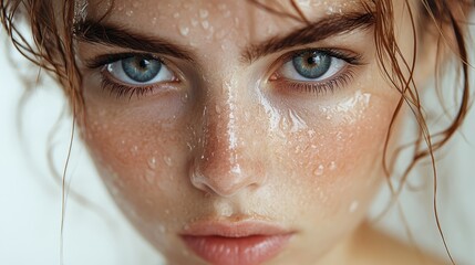 Ultra-realistic close-up portrait of a woman, natural daylight, slightly low angle, water droplets on her skin, white background, intense gaze, sharp focus. --ar 16:9 --stylize 750 --v 6.1 Job ID: 216