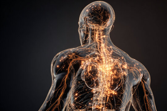 Artistic illustration of glowing nerves, with dynamic energy lines representing neural activity.