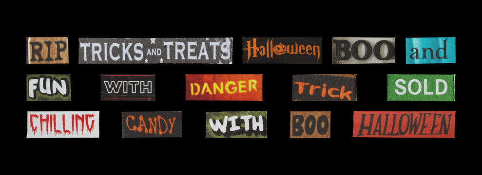 universal halloween word snippet collection for ads on black background
