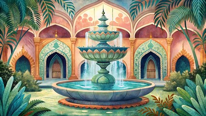 Obraz premium Ornate Courtyard with Multi- Tiered Fountain and Arched Buildings water architecture