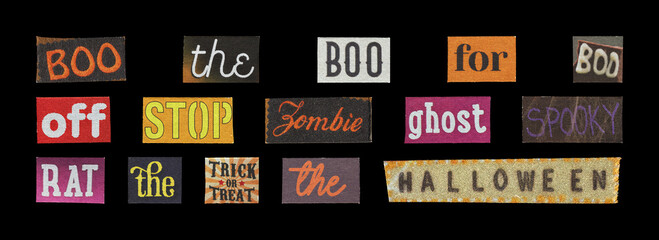 editorial halloween word collage elements for articles on black background

