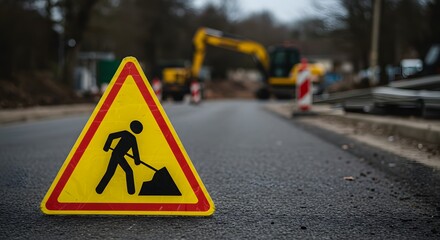 Road Work Ahead Warning Sign on Asphalt with Blurred Construction Site and Excavator