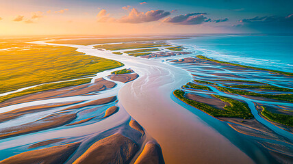 Aerial view of river delta flowing into the ocean with sandbars and green islands at sunset