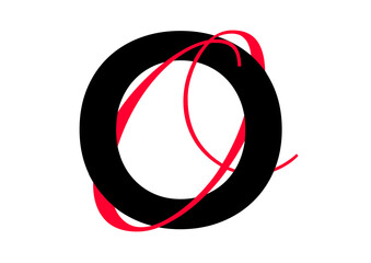 Capital letter with double typographic style, black sans serif font and red script font, letter O