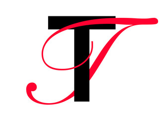 Capital letter with double typographic style, black sans serif font and red script font, letter T