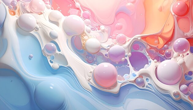 A vibrant abstract design showcasing flowing, pastel colors and textured spheres.