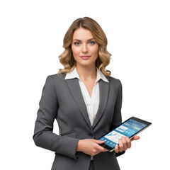 Professional businesswoman holding a tablet device showcasing digital information and data analytics isolated on transparent background