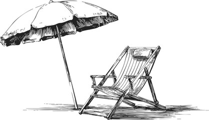 Beach chair sketch, hand drawn style with umbrella, outdoor summer relaxation scene — stock vector
