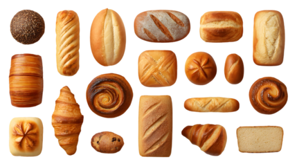 Assortment of baked bread and pastry products isolated on transparent background