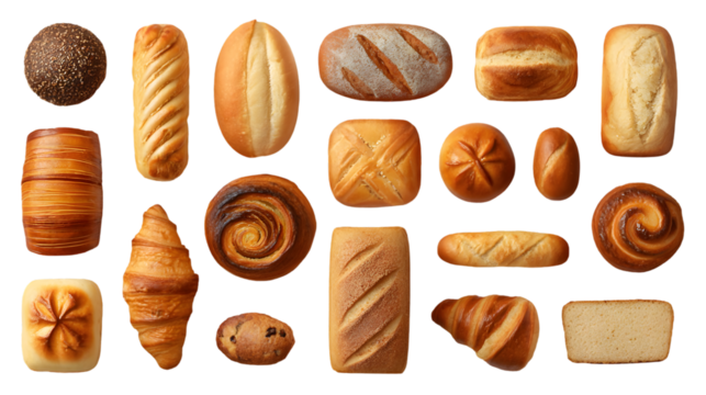 Assortment of baked bread and pastry products isolated on transparent background