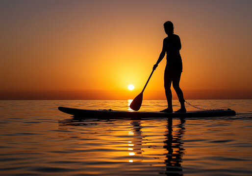 Paddleboarder silhouette at sunset, enjoying tranquil water activity with golden light reflection