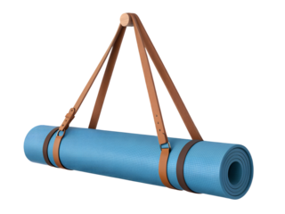 Blue yoga mat with leather strap isolated on transparent background