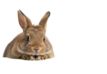Young, fluffy brown Mini Lop rabbit, head & paws on white surface, transparent studio background, ample copy space, soft high-key lighting. Concept of pet adorability and cuteness