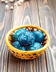 Blue speckled eggs in a basket