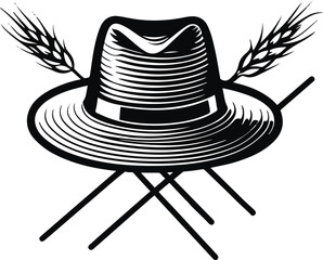 Black bold outline with white background, Outline vector of farmer’s hat with wheat stalks crossed 1