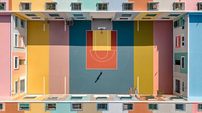 Aerial view of colorful building with court - Powered by Adobe