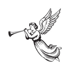 Vector art of angel with wings blowing a trumpet, depicted in a vintage engraving style