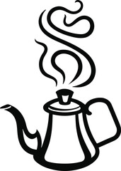 Black bold outline with white background, Outline of tea kettle whistling with steam lines 2