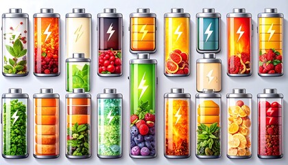 A vibrant graphic showcasing several battery-shaped containers filled with various fruits, plants, and electric charge symbols