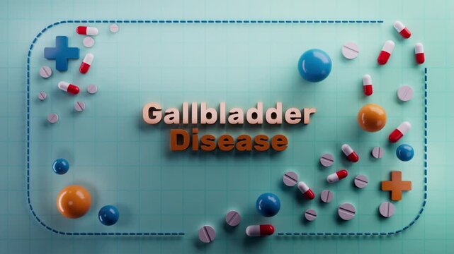 3D animation illustrating gallbladder disease with vibrant colored pills and spheres, showcasing a dynamic progression of visual elements in a cohesive scene. 3D video animation