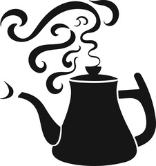 Black bold outline with white background, Outline of tea kettle whistling with steam lines