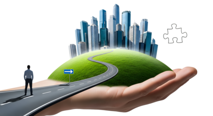 Sustainable Urban Development Concept Miniature Cityscape on Green Hill in Hand with Road