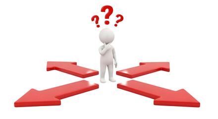 3D Stick Figure at Crossroads with Red Arrows and Question Marks Above Head