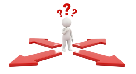 3D Stick Figure at Crossroads with Red Arrows and Question Marks Above Head