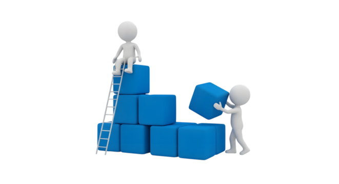 3D Stick Figures Building a Blue Cube Staircase with Ladder on Black Background