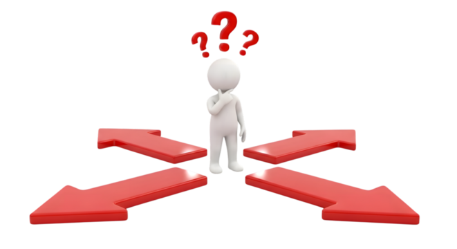 3D Stick Figure at Crossroads with Red Arrows and Question Marks Above Head