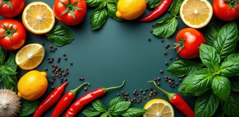Fresh ingredients arranged in a circle on a dark surface