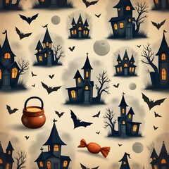 Halloween-themed seamless pattern with haunted houses, bats, and candy.