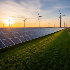 Solar panels in a green field with wind turbines in the distance, golden hour light, cinematic photography