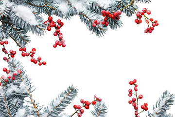 Christmas border with snow-covered fir branches and red berries on a white background christmas festival outdoors.