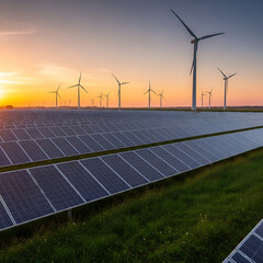 Solar panels in a green field with wind turbines in the distance, golden hour light, cinematic photography