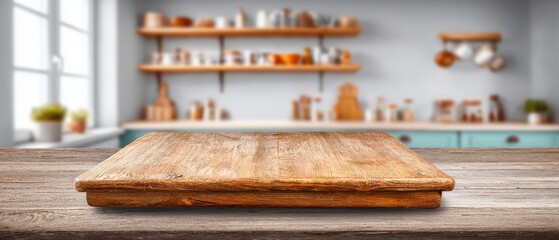 An aged wooden tabletop offers a rustic surface in front of a sunlit kitchen with organized shelving and blurred background details.